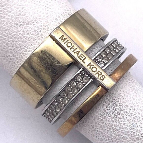 Michael Kors Metallic Tri Tone Pave Rhinestone Stack Barrel Ring Size 6 - Picture 3 of 8
